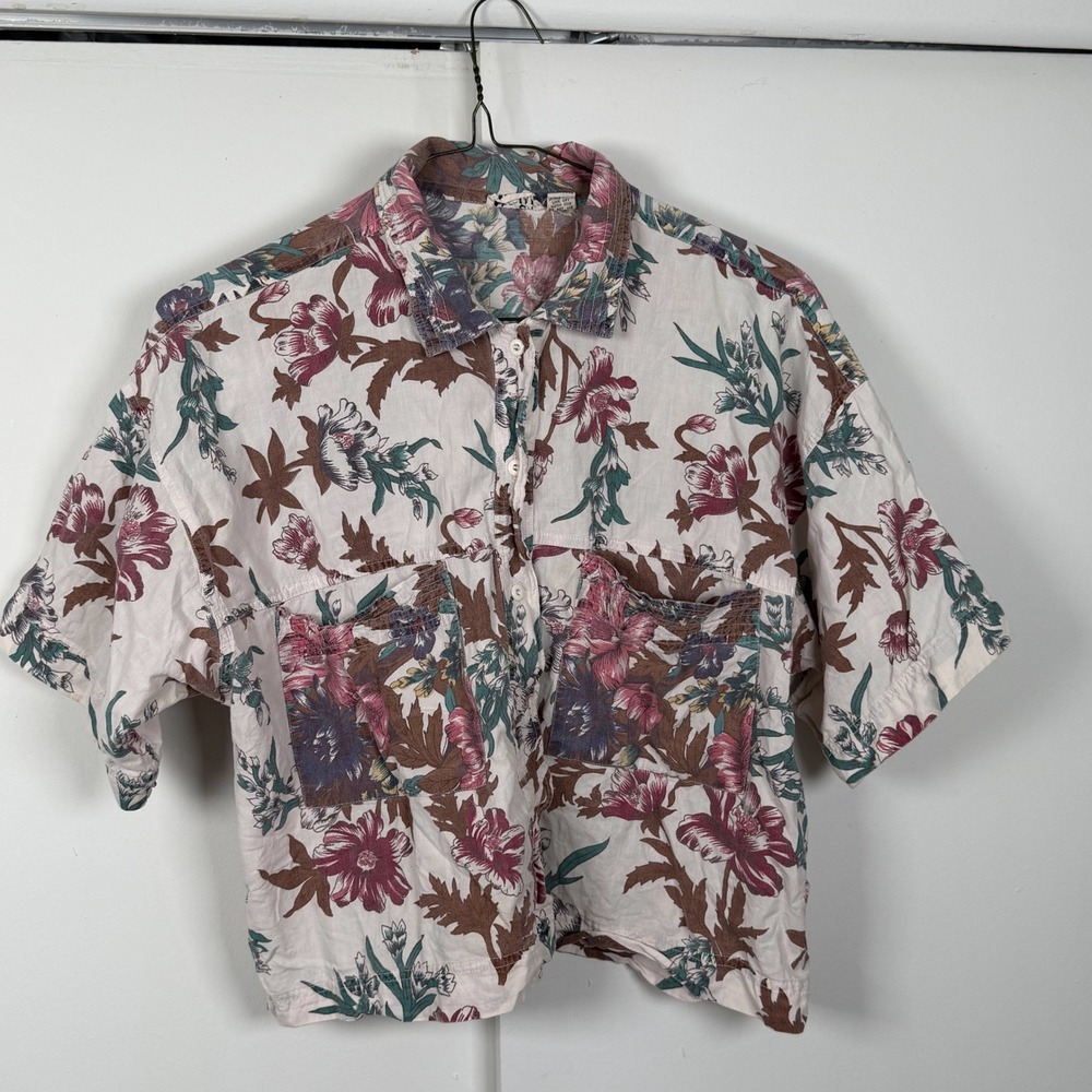 Entity Vintage Floral Cotton Button Down Shirt Short Sleeve Boxy Top Medium